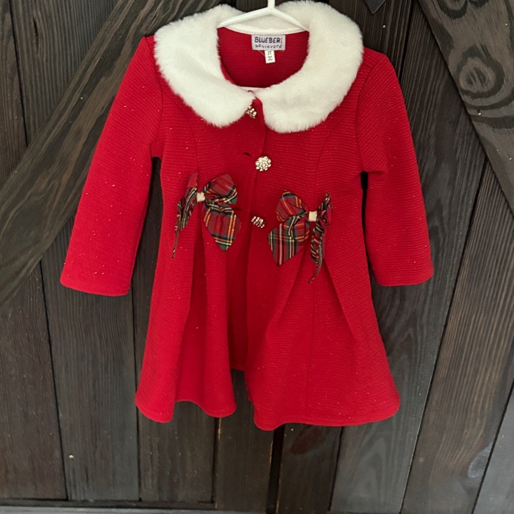 Adorable Red Coat with White Collar and Plaid Accents